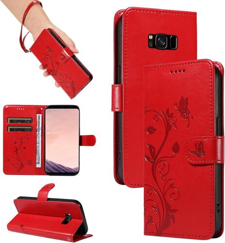 KAL-Coque Pour Samsung Galaxy S8 Plus 6,2 Pouces - Étui Coque Antichoc Portefeuille Avec Porte Cartes, Pu Cuir Magnétique Boîtier En Silicone Et Protection De Caméra, Rouge