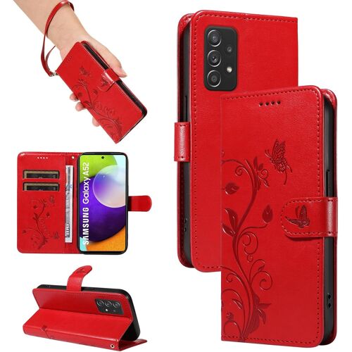 KAL-Coque Pour Samsung Galaxy A52 4G 5G / A52S 5G - Étui Coque Antichoc Portefeuille Avec Porte Cartes, Pu Cuir Magnétique Boîtier En Silicone Et Protection De Caméra, Rouge