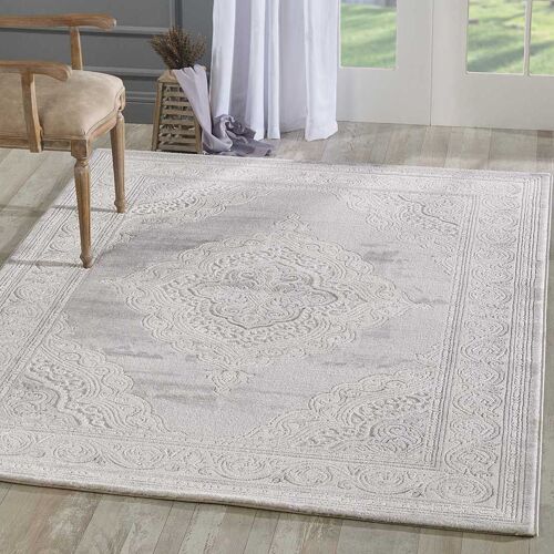 Tapis Oriental 120x160 Rectangle Gris Clair Tissé Motif Ancestral Lyn7 Falan