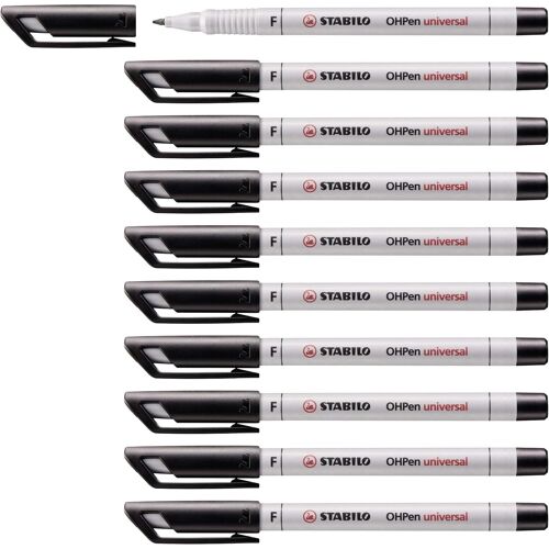 Stabilo Lot De 10 Feutres Pour Transaprent Ohpen Encre Soluble Pointe Fine Noir