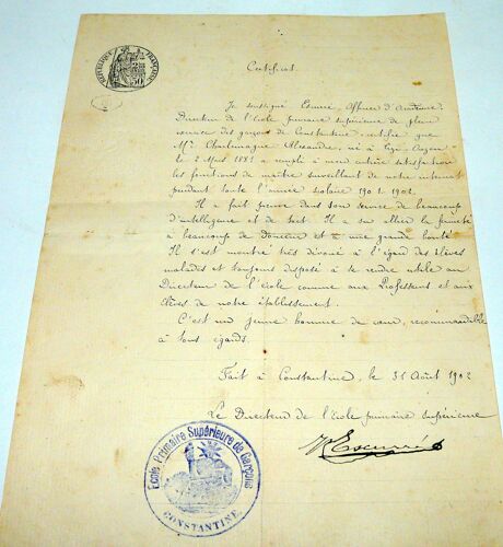 École Primaire Supérieur De Garçon De Constantine, Certificat Du 31 Août 1902