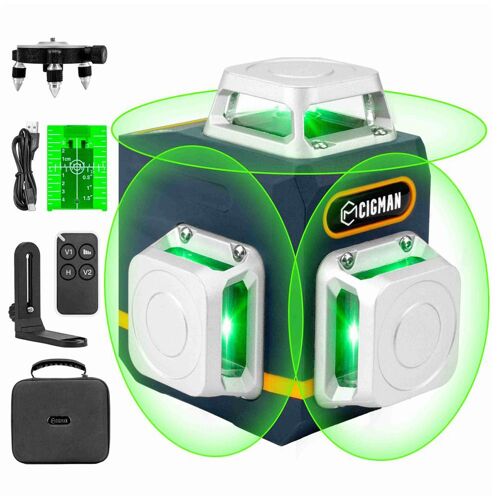 CIGMAN CM-701 Niveau laser auto-nivelant 3x360°, ligne croisée verte 3D 100 pieds, batterie rechargeable, télécommande