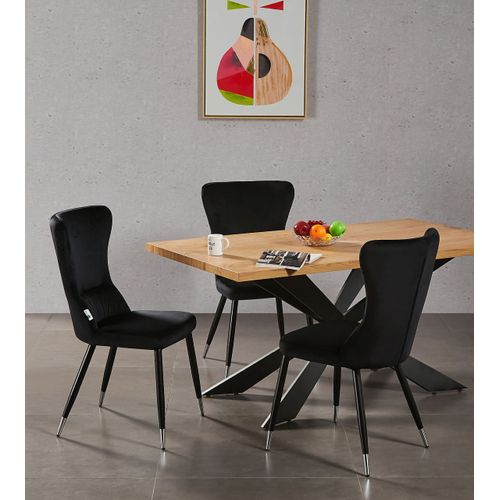Ensemble Table À Manger Chêne 4 À 6 Personnes + 4 Chaises En Velours Noir & Chrome - Style Contemporain