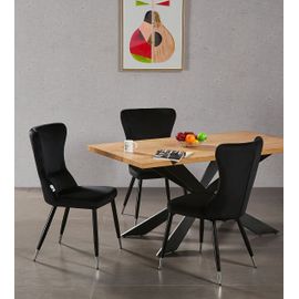 Ensemble Table À Manger Chêne 4 À 6 Personnes + 4 Chaises En Velours Noir & Chrome - Style Contemporain
