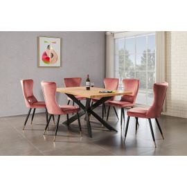 Ensemble Table À Manger Chêne 4 À 6 Personnes + 6 Chaises En Velours Rose - Style Contemporain