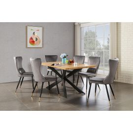 Ensemble Table À Manger Chêne 4 À 6 Personnes + 6 Chaises En Velours Gris - Style Contemporain