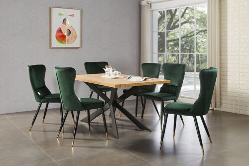 Ensemble Table à Manger Chêne 4 à 6 personnes + 6 Chaises en Velours Vert Émeraude - Style Contemporain