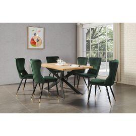 Ensemble Table À Manger Chêne 4 À 6 Personnes + 6 Chaises En Velours Vert Émeraude - Style Contemporain