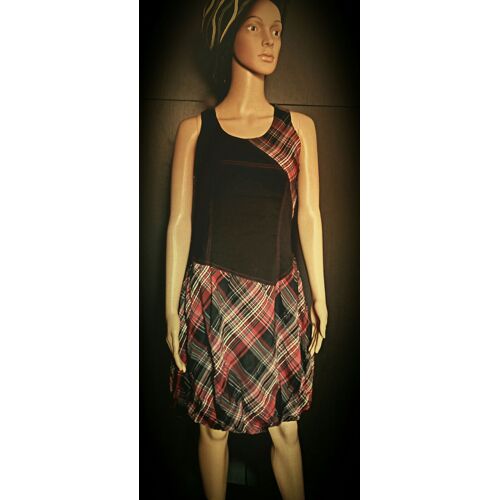 Robe Originale Bi-Matière 100% Neuve - 38 Type 36 / 38 - Style Tunique Noir Cintrée Et Bas Effet Jupe Élastiqué Forme Boule - À Carreaux Rayures Rouge Noire Gris Clair Et Foncé - Pour Femme Ou Fille