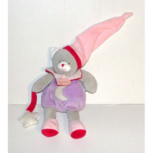 Doudou Chat Gris Mauve Capuche Rose Luminescent Baby Nat