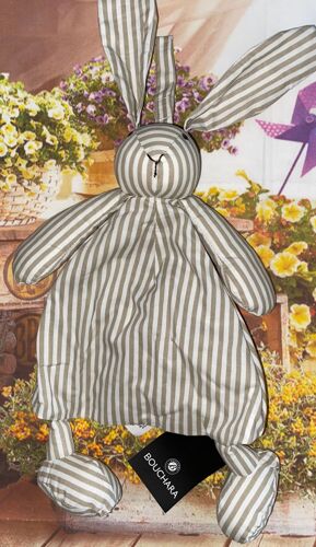 Doudou Lapin Raye Tissu Coton Blanc Beige Bouchara Laradou Jouet Peluche Naissance Bebe