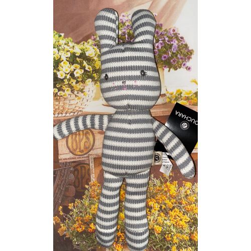Doudou Lapin Bouchara Raye Gris Blanc Tricot Peluche Pouet Jouet Bebe Naissance Rayures Matiere Aspect Laine