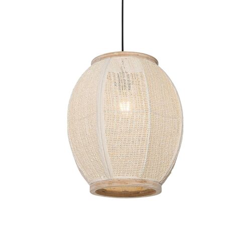 Qazqa Oriental Oosterse Hanglamp Naturel 35 Cm - Rob Tissu /Acier /Bois Blanc,Naturel Ovale / Luminaire / Lumiere / Éclairage / Intérieur / Salon / Cuisine E27 Max. 1 X 60 Watt