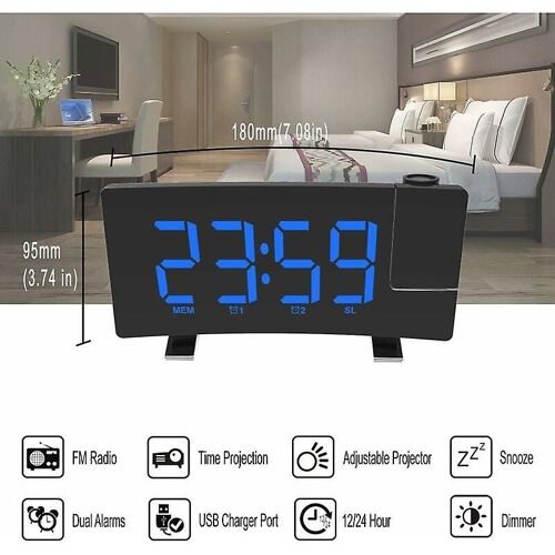 Radio-réveil à projection, réveil à projection au plafond à 180°, horloge numérique USB FM avec double alarme, répétition d'alarme, minuterie de mise en veille, 12/24h, grand écran LED avec