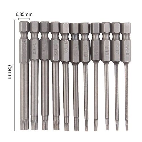 Jeu de 11 embouts de tournevis Torx 75 mm en acier S2, hexagonaux magnétiques T6, T7, T8, T9, T10, T15, T20, T25, T27, T30, T40, pour vis à profil en T
