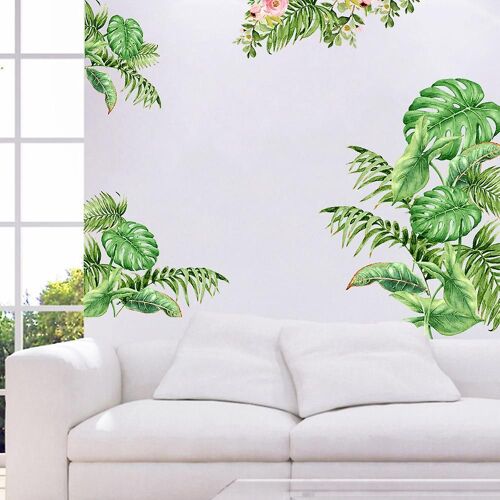 1 autocollant mural plantes vertes, feuilles de palmier tropicales, fleurs, plantes, pour salons, chambres, bureaux, décoration murale