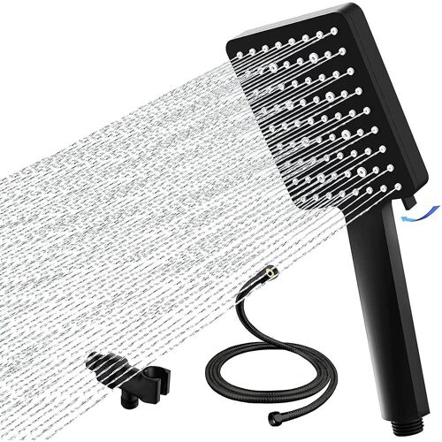 Pommeau de douche avec flexible, 6 types de fonctions, jets noirs, pommeau de douche avec flexible de 1,5 m, économie d'eau avec surpression pour une pression d'eau plus élevée