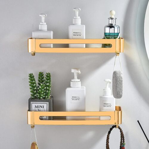 Étagères de salle de bain sans perçage, panier de rangement de douche en métal doré champagne, étagère murale, organisateur de gel douche et shampoing (2 pièces)