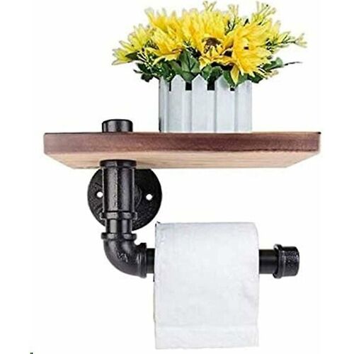 Porte-papier toilette mural décoratif - Style industriel - Tube en acier - Avec étagère en bois pour la décoration de la salle de bain