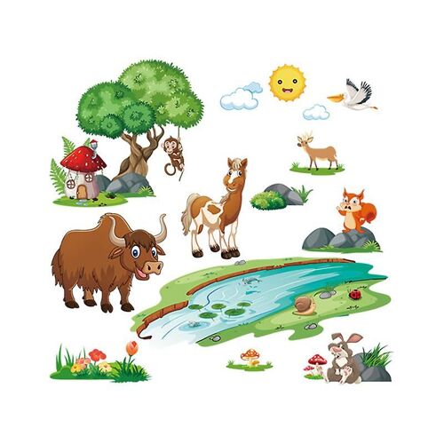 Un ensemble d'autocollants muraux animaux plantes soleil nuages autocollant mural décoration murale pour salon chambre bureau
