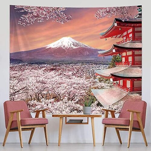 Tapisserie Murale Japonaise, Tapisserie Asiatique Du Mont Fuji, Décoration Murale De Pagode Japonaise Avec Fleurs De Cerisier, Art Naturel Pour Salon, Chambre À Coucher, Dortoir (150 X 130 Cm)
