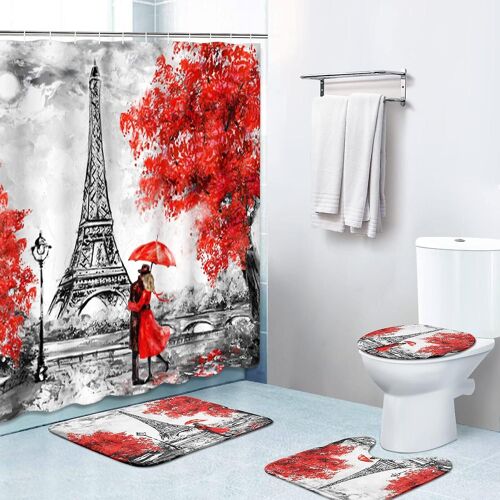 Lot de 4 rideaux de douche, Tour Eiffel de Paris sur fond rouge, avec tapis antidérapant, abattant de WC et tapis de douche, résistant et imperméable, pour salle de bain D