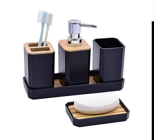 Ensemble d'accessoires de salle de bain 5 pièces en bambou avec flacons de lotion, porte-brosse à dents, gobelet à dents, porte-savon et plateau (noir)