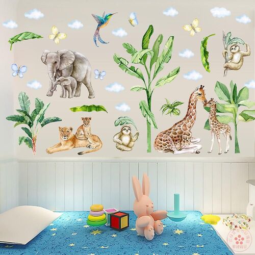 Un ensemble d'autocollants muraux animaux éléphants nuages jungle oiseaux safari girafe autocollant mural plante tropicale décoration murale pour salon bébé chambre d'enfant chambre