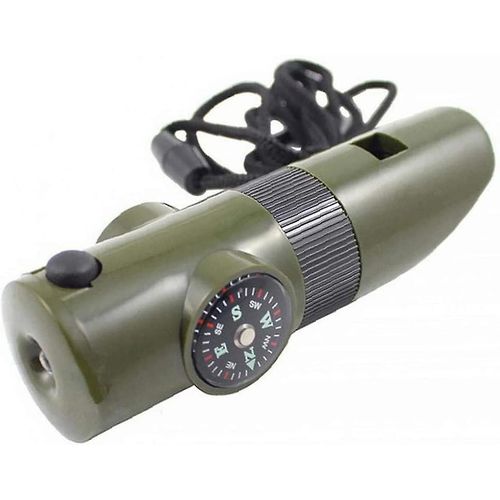 Sifflet De Survie Multifonction 7 En 1, Outil D'urgence Avec Thermomètre, Boussole, Lumière Led, Loupe, Miroir Pour Camping, Randonnée, Extérieur (Vert)