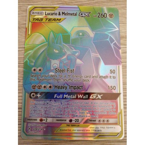 Carte Pokémon Lucario & Melmetal Gx 224 /214 Tag Team (Escouade) Sl10, Soleil Et Lune , Alliance Infaillible 260 Hp Secret Rare Anglaise Full Art