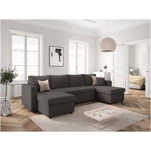 Canapé Panoramique Convertible 2 Coffres En Velours Côtelé - Gris