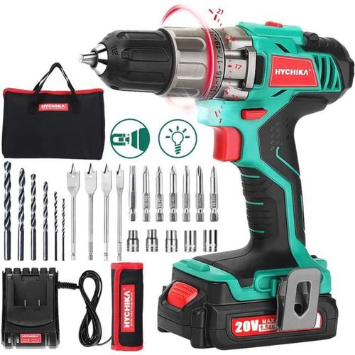 Perceuse Visseuse Sans Fil 18V, HYCHIKA Perceuse électriques ensemble, 22 accessoires, pour percer le bois, le métal et le plastique