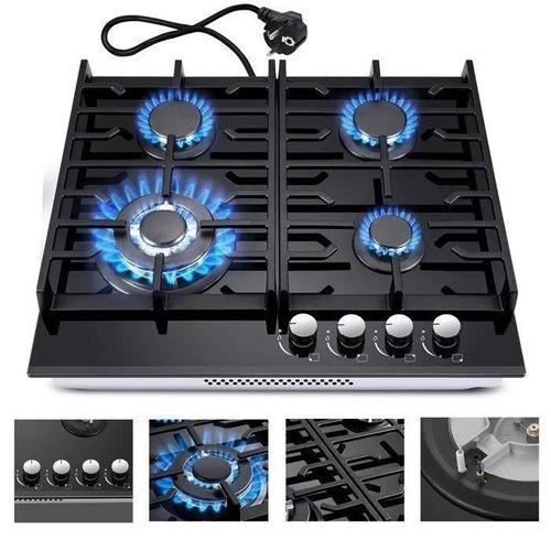 Plaque de cuisson gaz - Marque inconnue - 4 foyers - Verre trempé noir - 8000W - Encastrable 51x59 cm