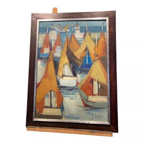 Huile sur toile reprsentant des bateaux en mer bleu