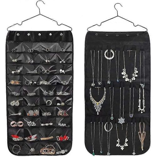 Sac de rangement à suspendre pour bijoux, double face, 40 poches et 20 crochets pour ruban adhésif magique, sac de rangement pliable pour présentoir à bijoux, placard enroulable