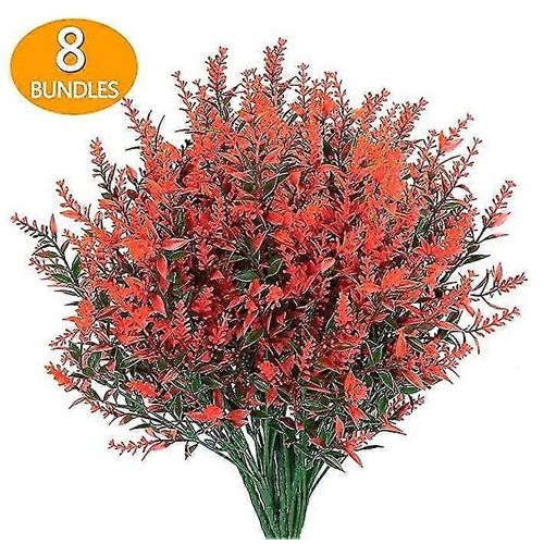 Lot de 8 plantes artificielles de lavande pour l'extérieur, fausses fleurs, tiges de verdure en plastique pour décoration de jardinière de porche - Rouge 2