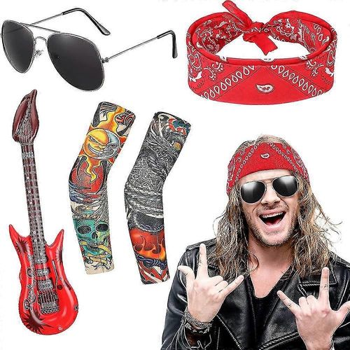 Costume De Rock Star Des Années 80, Rock N Roll, Accessoires De Fête, Bandeau, Tatouage, Manchette, Gants, Bracelet Punk, Adulte