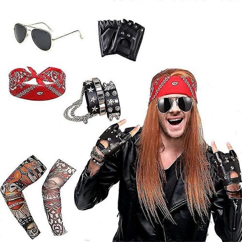Costume De Rock Star Des Années 80, Rock N Roll, Accessoires De Fête, Bandeau, Tatouage, Manchette, Gants, Bracelet Punk, Adulte