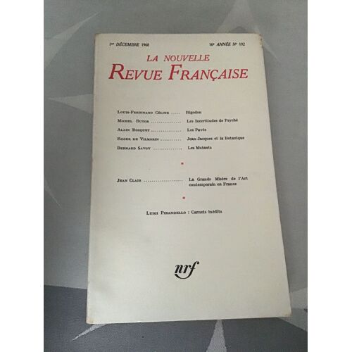 Le Nouvelle Revue Francaise N°192 - Lf Céline "Rigodon", M.Butor, Alain Bosquet