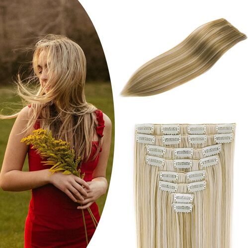 Tianyi-60cm Extension A Clip Cheveux Naturel Rajout Cheveux Clip Synthétique Extension Cheveux Naturelle 8 Bandes Clip In Hair Extensions Longues Droites Postiche - Blond Foncé&bleach Blonde 