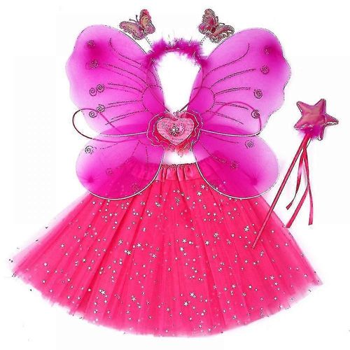 Costume D'ailes De Fée Pour Enfants, Costume De Princesse, Ensemble D'ailes De Papillon, Jupe Courte, Baguette, Paillettes Roses Rouges