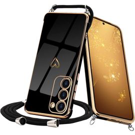 Collier Cordon Coque Pour Samsung Galaxy S23 Motif Coeur D'amour Mignon Galaxy S23 Laniere Avec Cordon Reglable Lanyard Silicone Anti-Chute Housse Etui Pour Samsung Galaxy S23, Noir