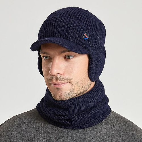 Ensemble Bonnet Et Écharpe D'hiver Tricotés Pour Homme, Bonnet Chaud Avec Protège-Oreilles Et Tour De Cou En Polaire