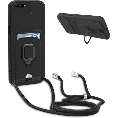 Coque Compatible Avec Huawei Y6 2018 / Honor 7a,Collier Pour Étui Colliers De Cellulaire Réglable Lanyard Silicone Case,Protection Caméra,Support Annulaire,Fentes Pour Cartes,Noir