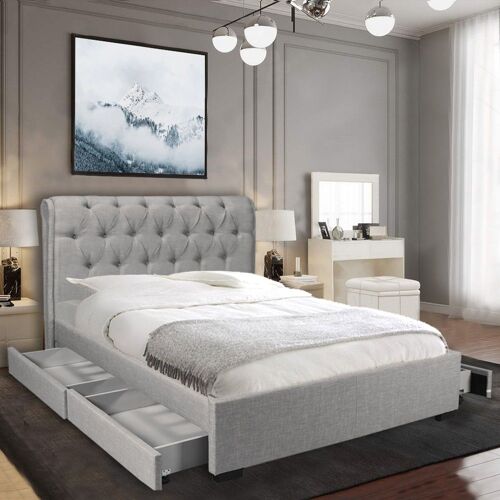 Lit CHELSEA 160x200 + 4 tiroirs + sommier / Gris clair/ 218x178x116cm