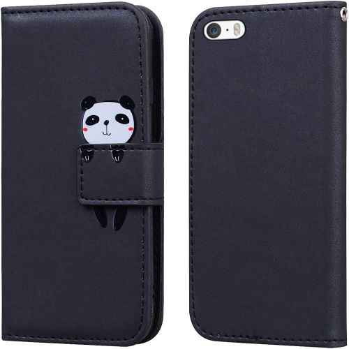 KAL-Coque Pour Iphone 5/5S/Se(4.0""),Motif Panda Mignon Portefeuille Étui De Antichoc Flip Case Cover,Cuir Pu Housse Avec Fonction Stand,Emplacements De Cartes Et Avec Fermeture Magnétique,Noir