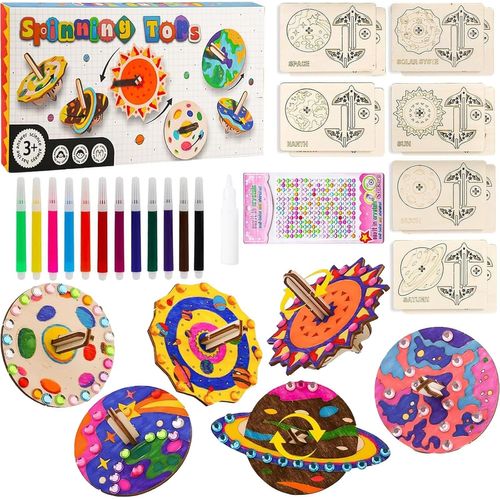 KALANKA-Toupie En Bois Kits, 12pcs Toupies Jouets En Bois De Loisir Creatif Enfant, Toupies En Bois Peintes à La Main ColoréEs, Systeme Solaire Planete Peinture Bricolage Toupie Pour Enfants Filles G