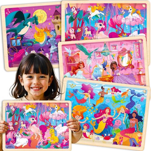 FEW-Puzzle Bois Enfant 3 4 5 Ans - 4x24 Pièces Puzzle Animaux Montessori - Jeux Bois Éducatif avec Sirènes Princesses Licornes - Cadeau pour Garçons et Filles 6 7 8 Ans