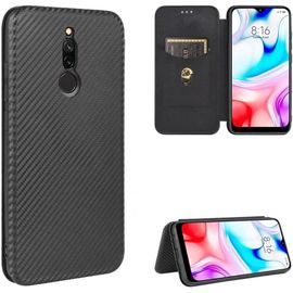 Compatible Avec Coque Xiaomi Redmi 8, Mince Flip Fibre De Carbone [Test De Chute] Antichoc Stand Fente Avec Carte, Protecteur D'écran En Verre Trempé*2-Noir