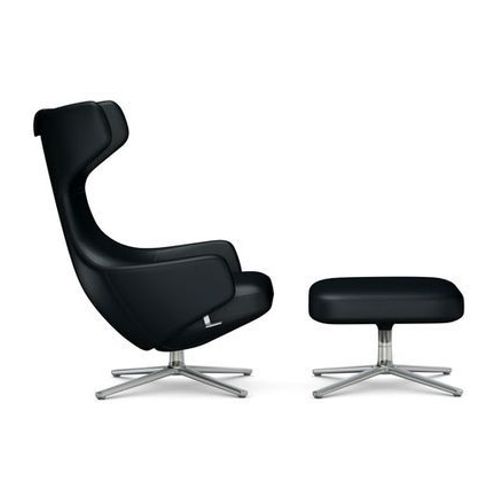 Fauteuil Grand Repos & Ottoman Nouvelle Édition - Aluminium Poli - Cuir Couture Contraste 66 Nero - Hauteur Du Siège 40 Cm